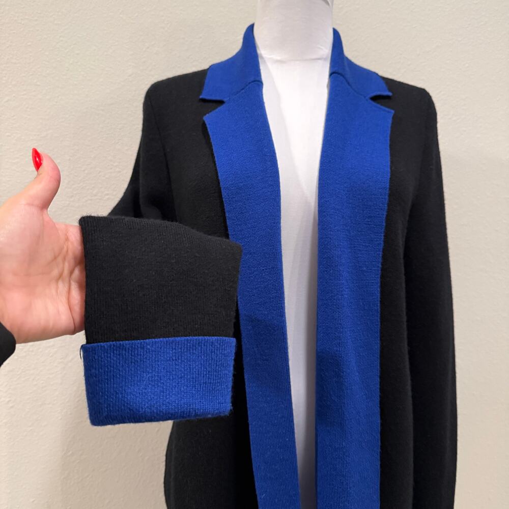 Talbots Pure Merino Wool Long Cardigan Small Black Blue Colorblock Office Career - Picture 4 of 8